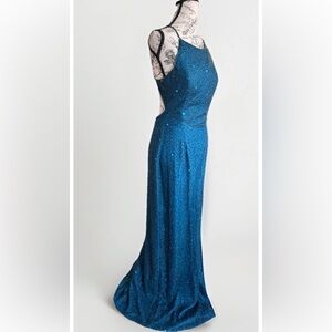 Vintage 90s Y2K SCALA Teal Silk Beaded Bodycon Maxi Prom Party Dress *Flaws
